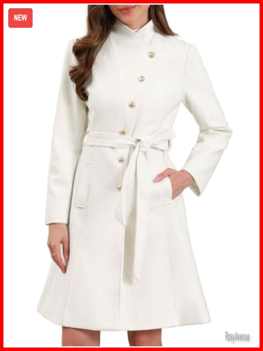 Womens Pea Coat Long Stand Collar Belted Trench Coat Winter